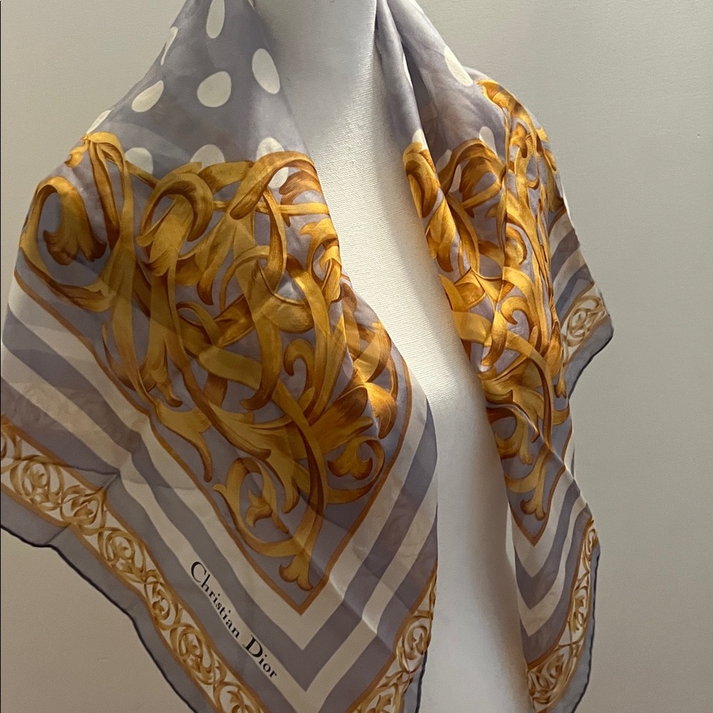 Dior Elegant Gold and Gray Scarf with Polka Dots - Picture 5 of 12